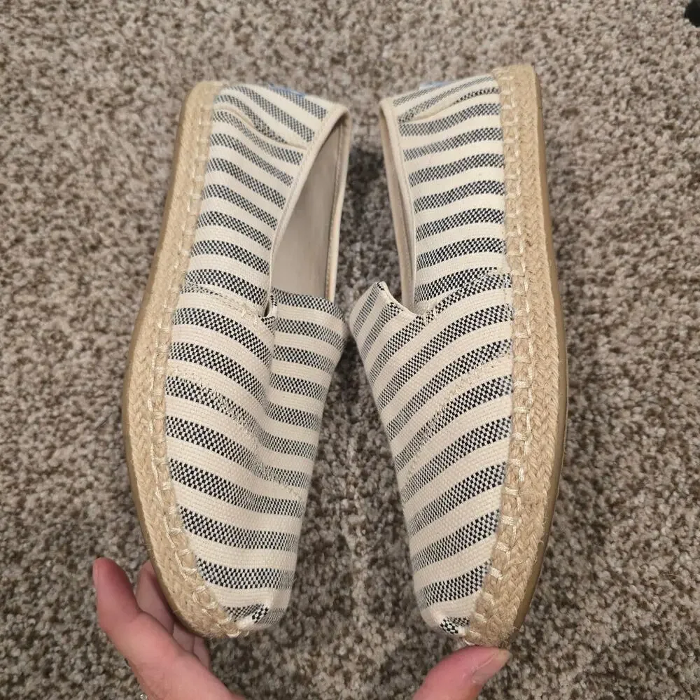 Women's TOMS Espadrilles Slip On Shoes Black Cream Striped | Size 6.5